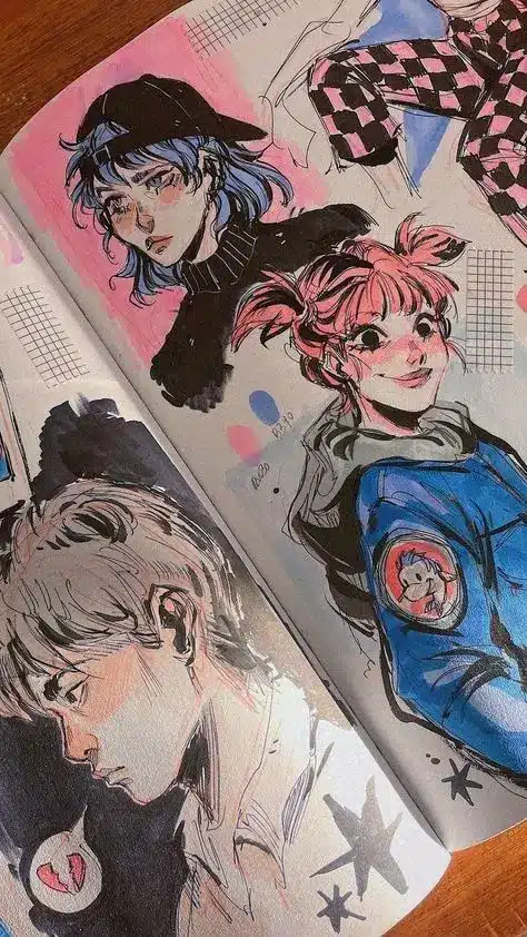 Colorful sketchbook art featuring diverse anime-style characters in various outfits and expressions.