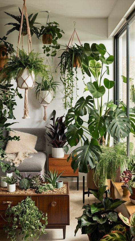 Cozy living room filled with various houseplants, including ferns and monstera, next to a large window for natural light.