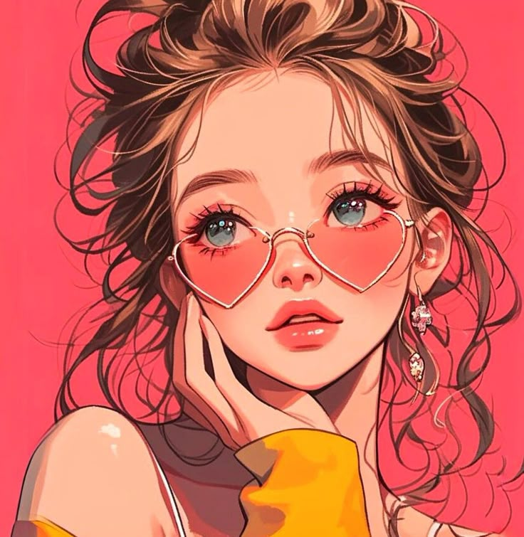 Anime girl with heart-shaped glasses, yellow top, and earrings on pink background. Vibrant and trendy illustration.