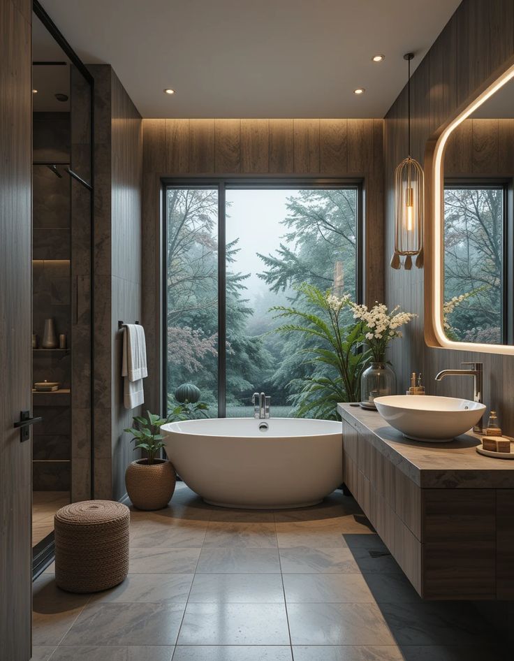 Modern bathroom with freestanding tub, large window view of nature, wooden accents, and soft lighting ambiance.