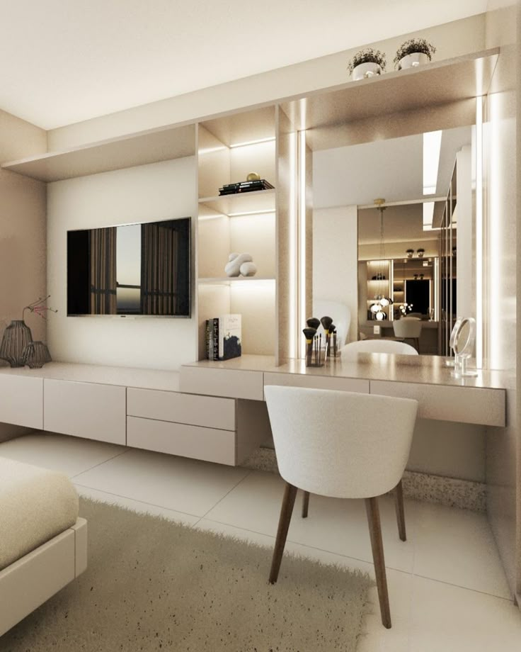 Modern bedroom with built-in shelving, vanity desk, TV, and beige color scheme for stylish interior design.