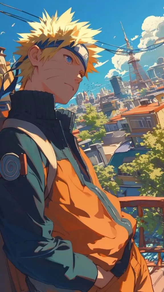 Anime character with spiky blond hair gazes over a vibrant cityscape, wearing an orange and black outfit.