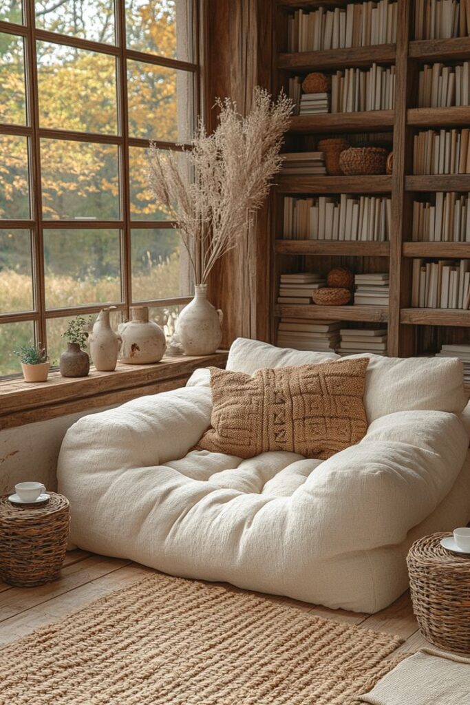 8f6b725f-5a64-4d12-95c3-bff0d7eb267d Cozy reading nook with plush chair, rustic decor, bookshelves, and a large window overlooking autumn foliage. | Sky Rye Design Cozy reading nook with plush chair, rustic decor, bookshelves, and a large window overlooking autumn foliage.