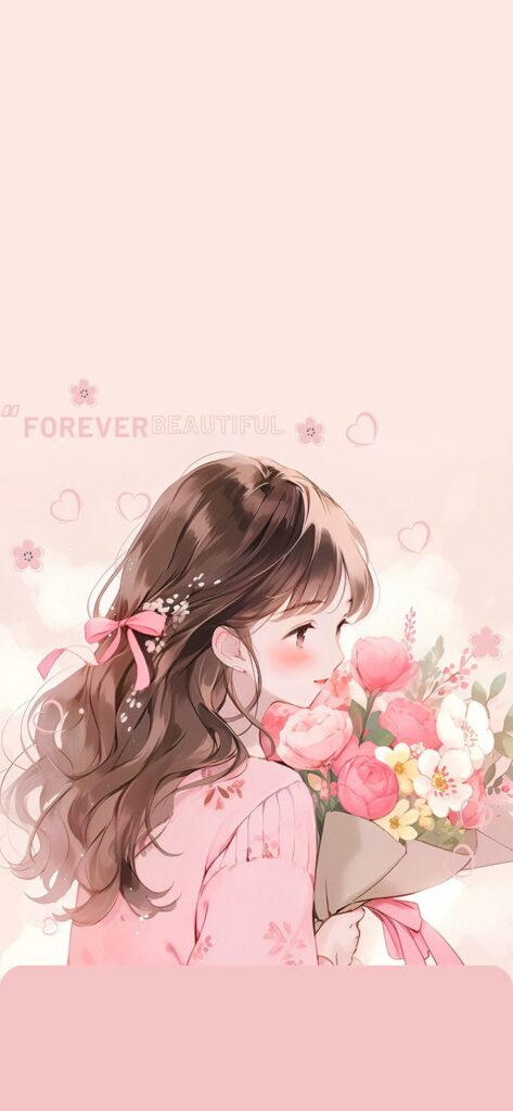 Illustration of a girl in pink holding a bouquet of flowers, hearts and Forever Beautiful text in the background.