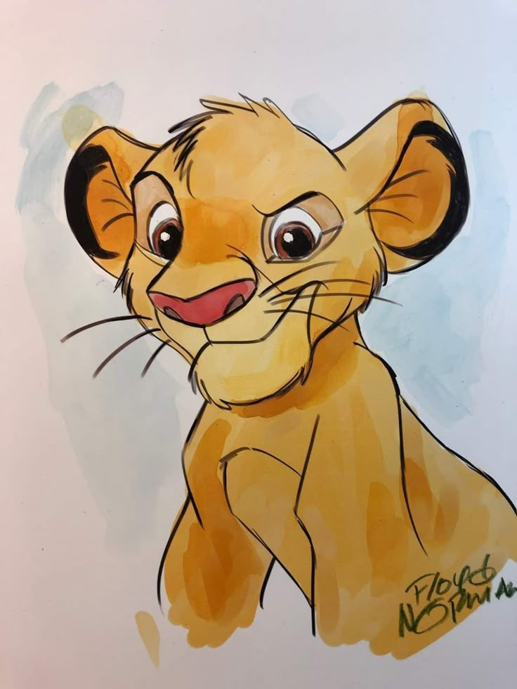 Illustrated drawing of a young lion with curious eyes, signed by Floyd Norman.