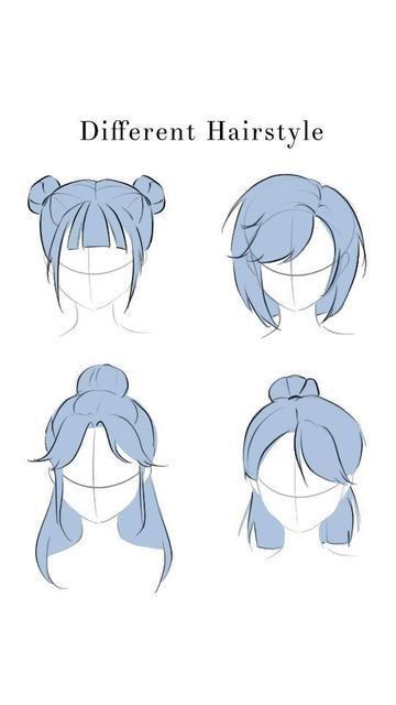 Illustration of four different blue hairstyles: twin buns, bob, half-up, and top knot.