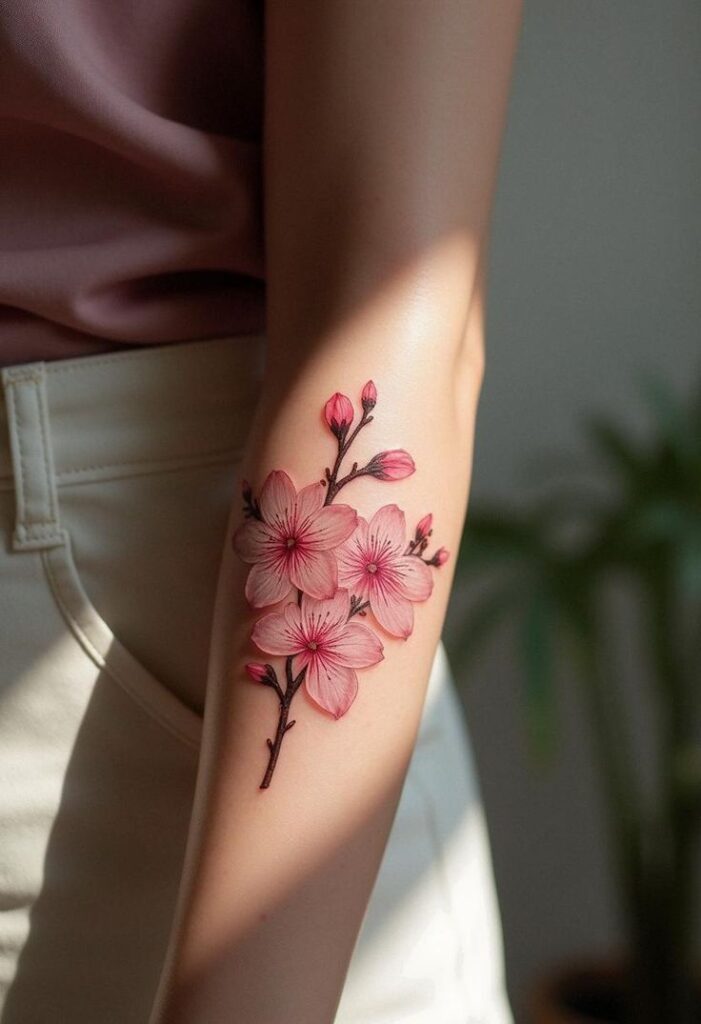 Pink cherry blossom tattoo on a person's arm, illuminated by soft sunlight.