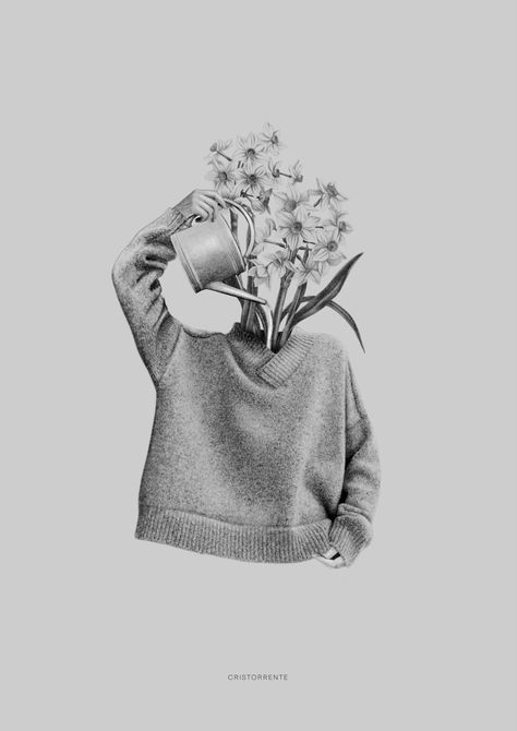 Surreal artwork: sweater-wearing figure with a daffodil bouquet for a head watering itself with a can.