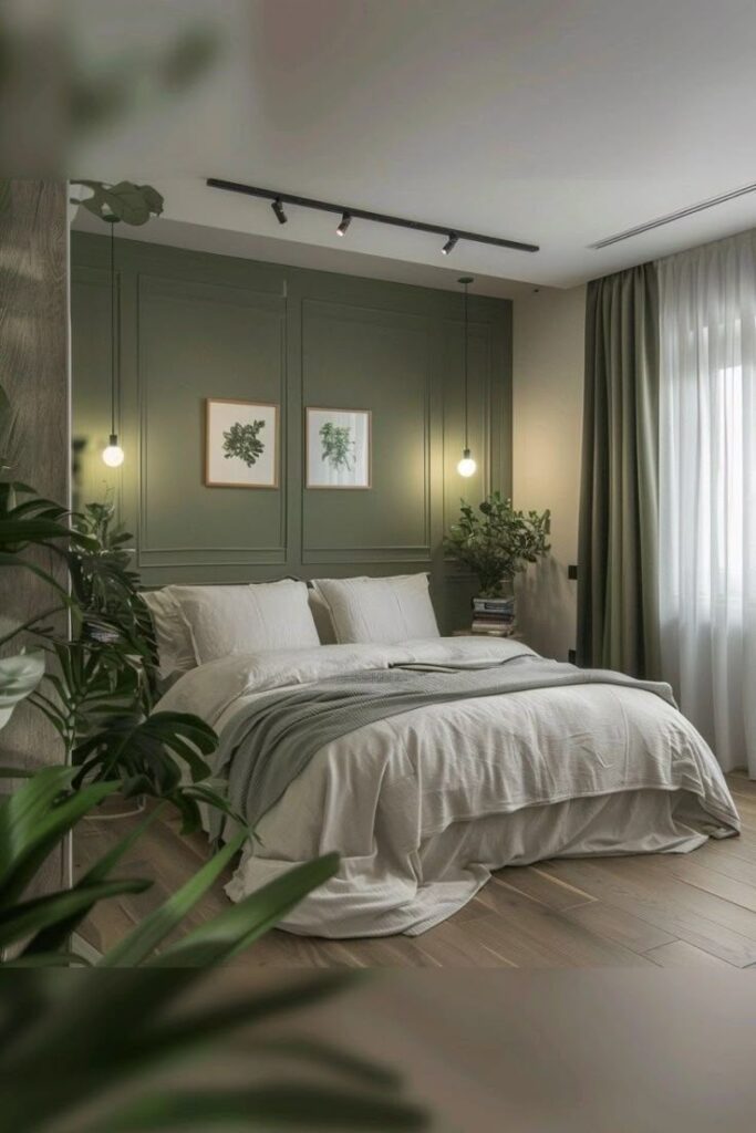 Stylish bedroom with green accents, cozy bed, modern decor, and plants for a serene atmosphere.