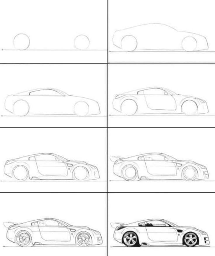 Step-by-step car drawing tutorial, from basic shapes to detailed sports car illustration.