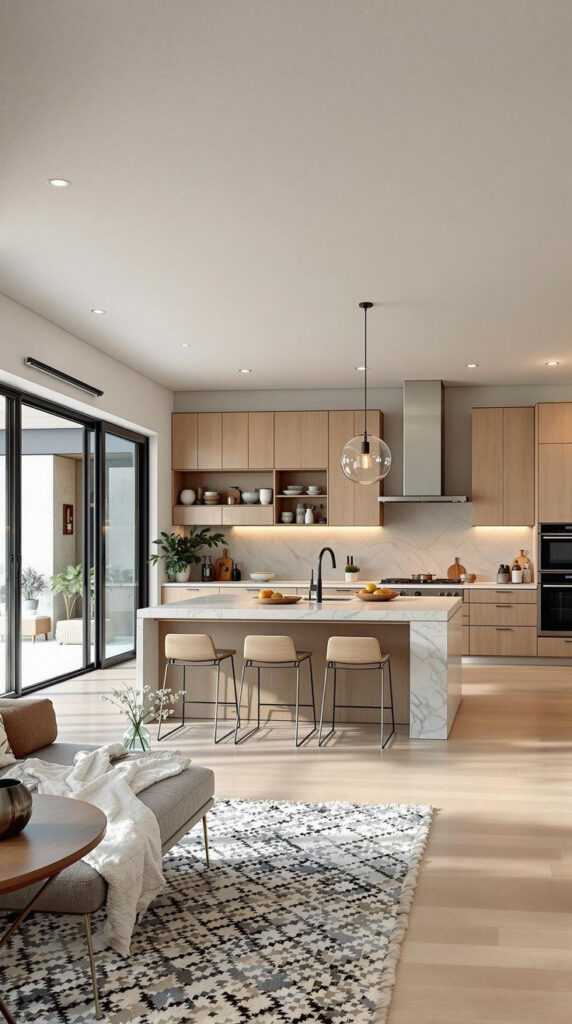 Modern kitchen with island, stools, and pendant light, featuring wooden cabinets and marble countertop. Open, airy design.