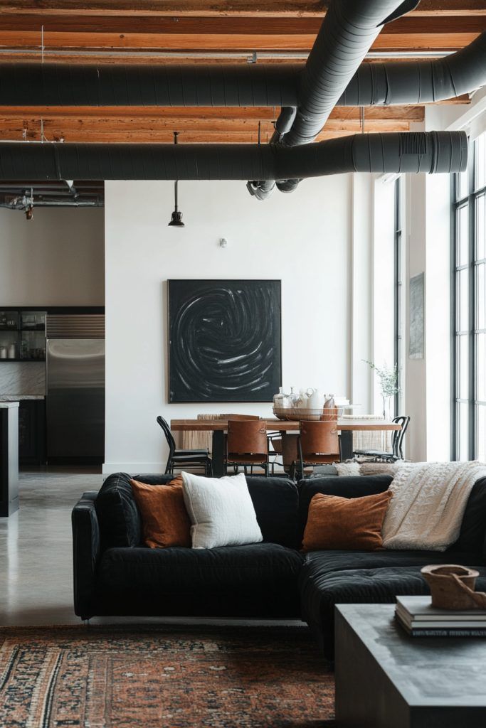 Modern loft with black sofa, rustic dining set, and industrial ceiling design. Bright, spacious interior.