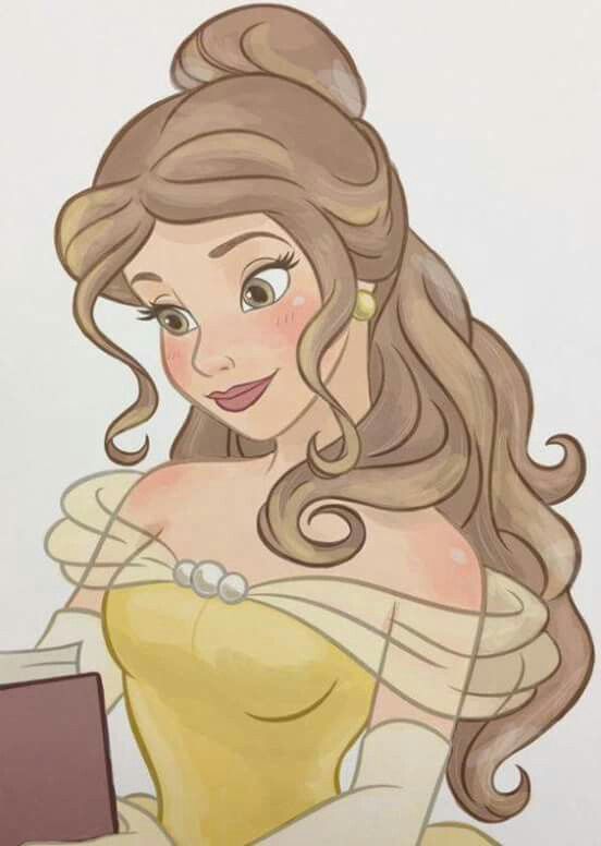 Illustration of a woman with brown hair reading a book, wearing a yellow dress and accessorized with pearls.