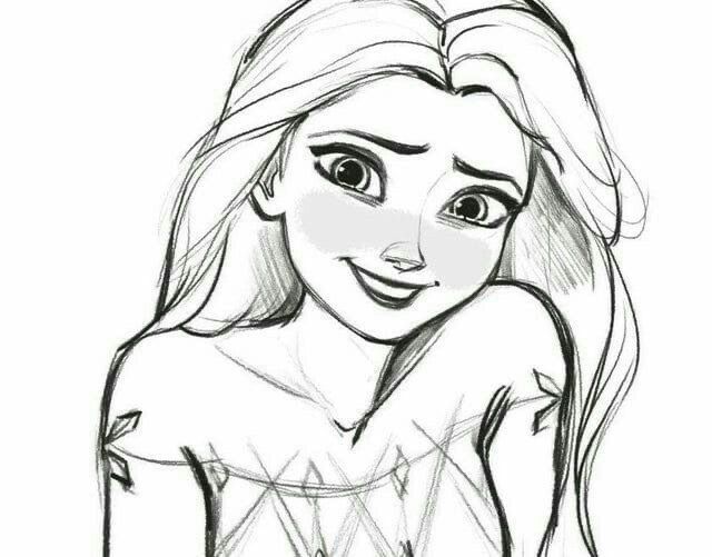 Pencil sketch of a smiling princess character with flowing hair and a gentle expression.