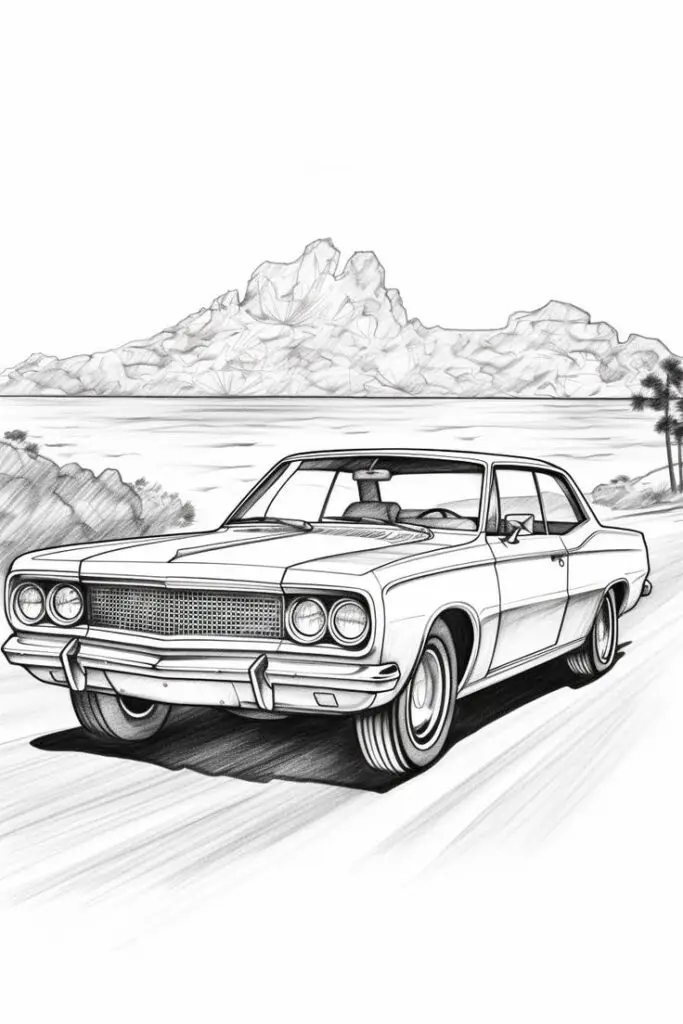 Illustrated vintage car driving on coastal road with mountain backdrop. Classic automotive art, line drawing style.