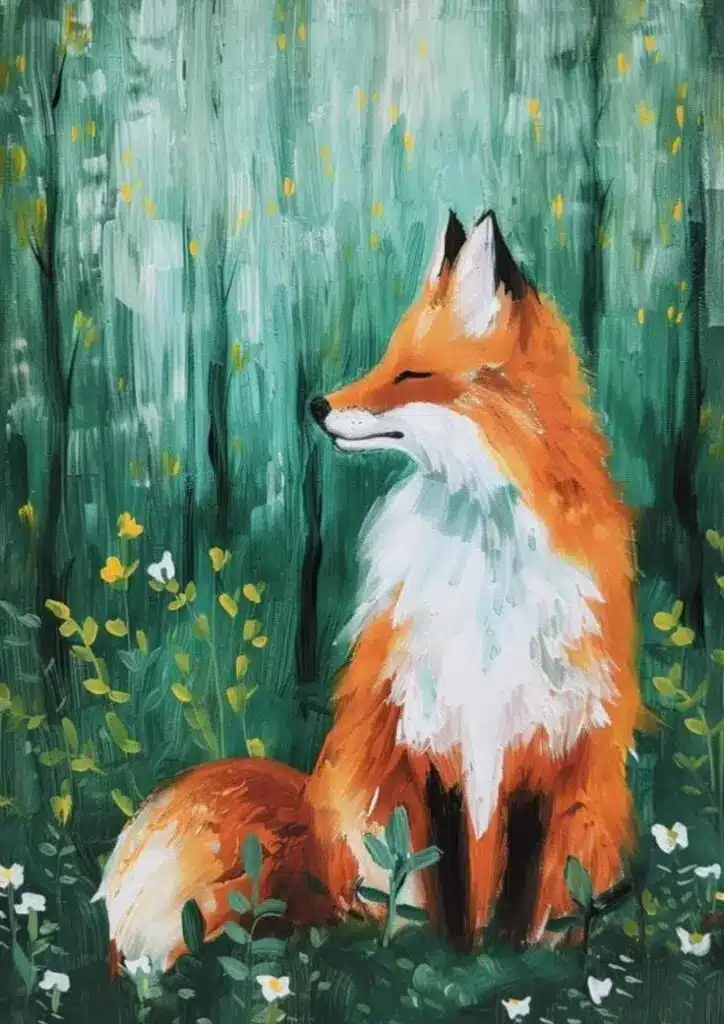 Painting of a serene red fox sitting in a lush green forest with yellow and white flowers.