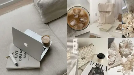 Aesthetic laptop backgrounds to try Minimalist workspace with a laptop, iced coffee, and fashion magazines. Neutral decor and white accessories. | Sky Rye Design Minimalist workspace with a laptop, iced coffee, and fashion magazines. Neutral decor and white accessories.