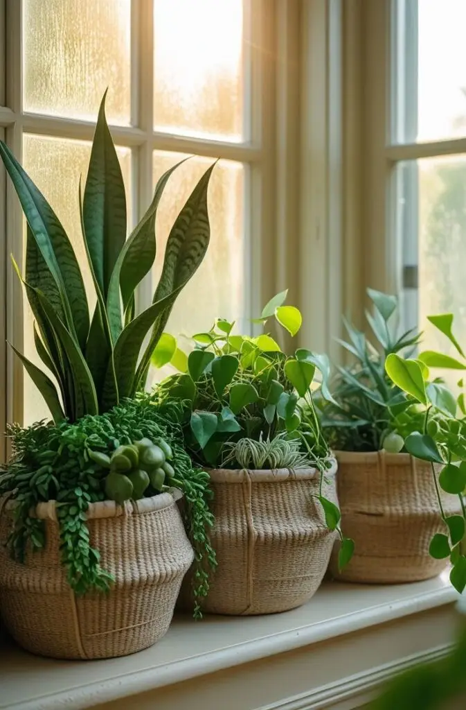 Indoor plants in woven baskets on a sunlit windowsill, enhancing home decor and natural ambiance.