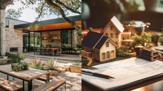 Modern patio design beside real estate paperwork and miniature house model on a desk, showcasing home investment ideas.