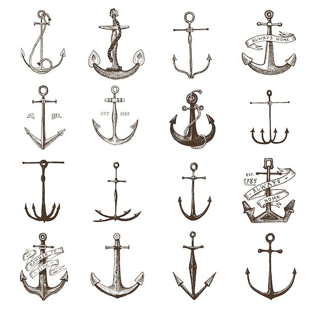 Vintage anchor illustrations set, featuring various styles and designs, ideal for nautical and maritime themes.