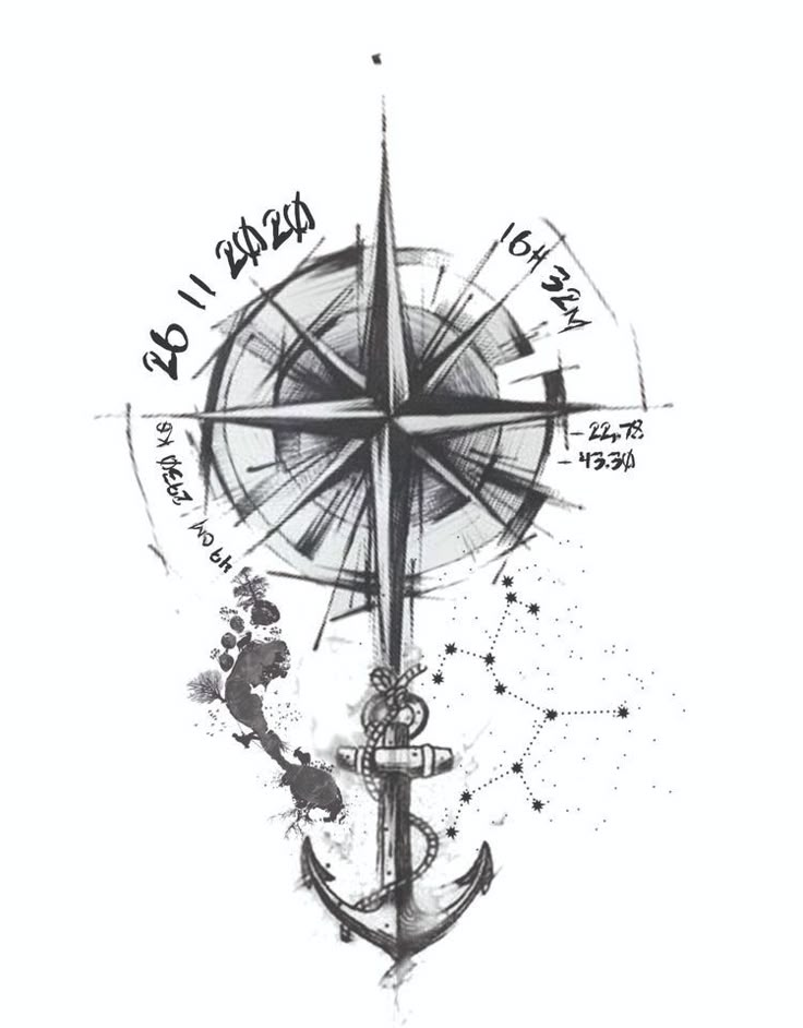 Artistic compass and anchor tattoo design with coordinates and constellations in black ink.