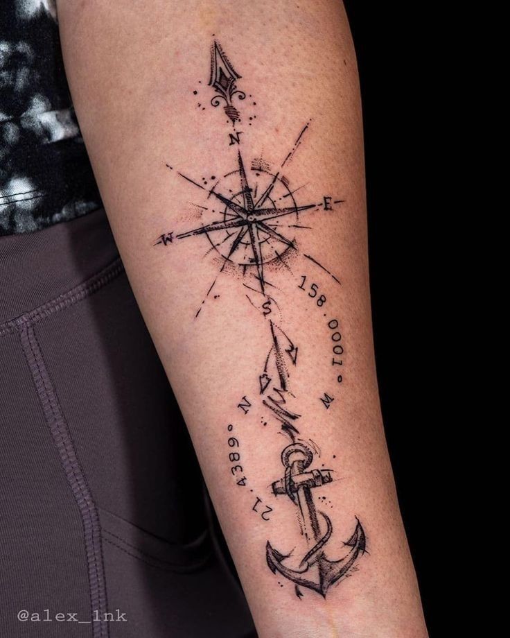 Tattoo of a nautical compass and anchor on arm, representing navigation and adventure.