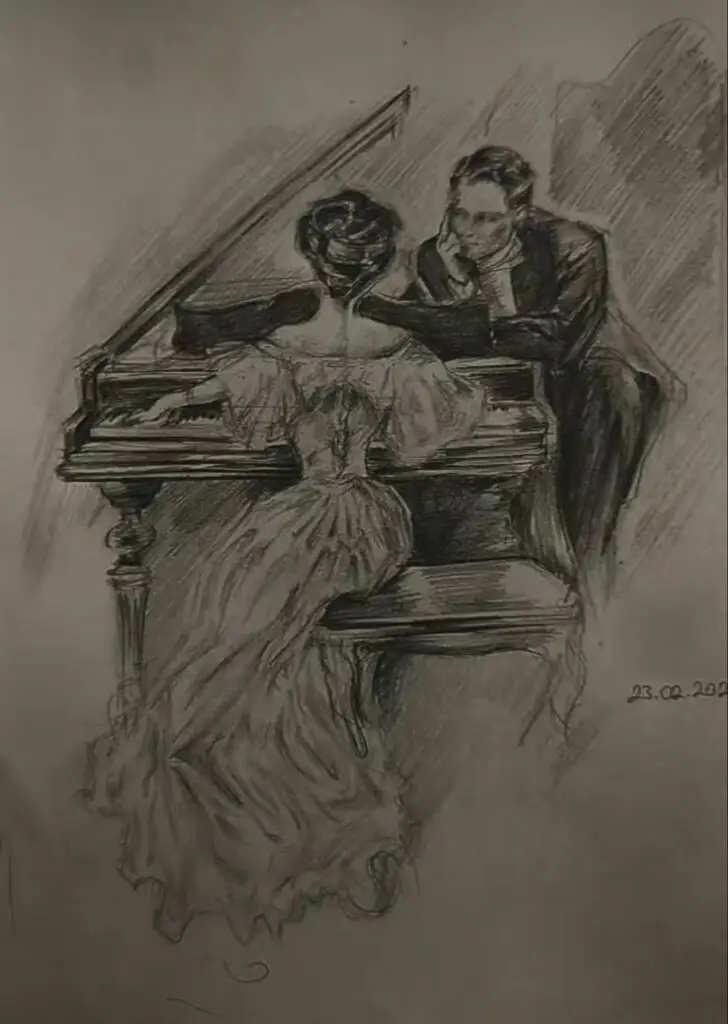 Vintage sketch of elegant woman at piano, man observing; artistic expression of a musical moment.