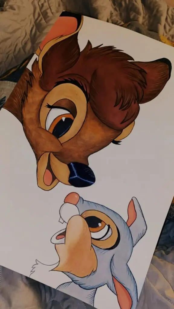 Bamby🦌🤎 Illustrated deer and rabbit characters on paper, capturing playful expressions, resting on a cozy bedspread. | Sky Rye Design Illustrated deer and rabbit characters on paper, capturing playful expressions, resting on a cozy bedspread. disney cartoon drawings