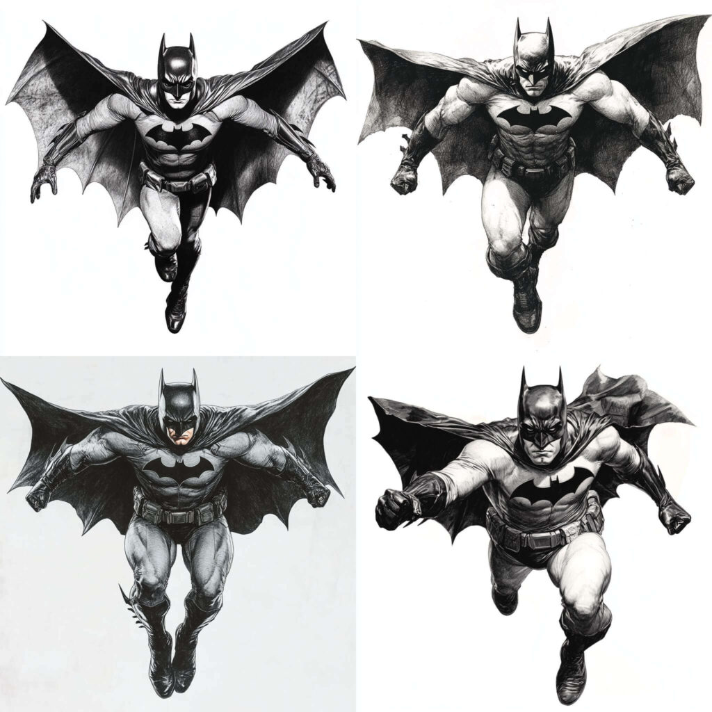 Illustrations of superhero in action poses, showcasing dynamic flying positions, wearing a cape and emblem.