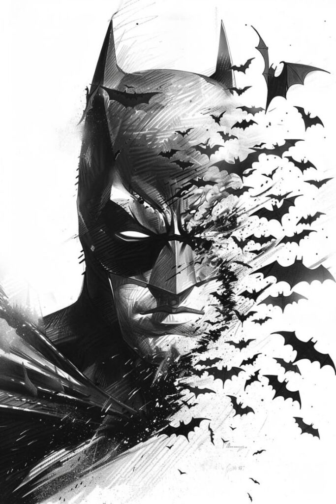 Stylized illustration of a superhero with bats flying around, merging into a dynamic, monochrome ink design.