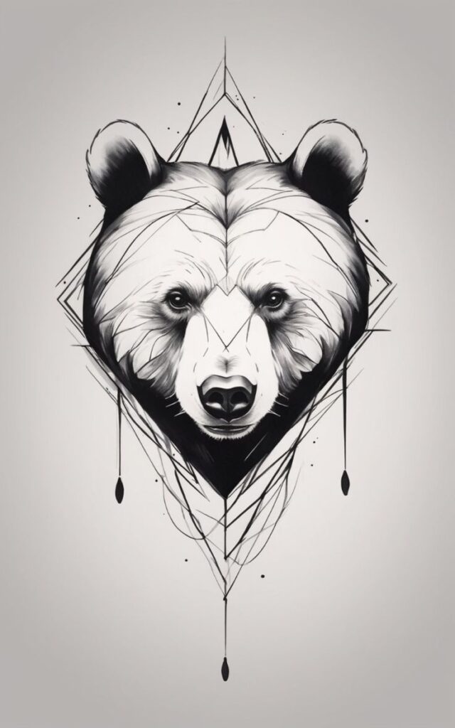 Geometric bear face illustration with abstract black and white design elements.