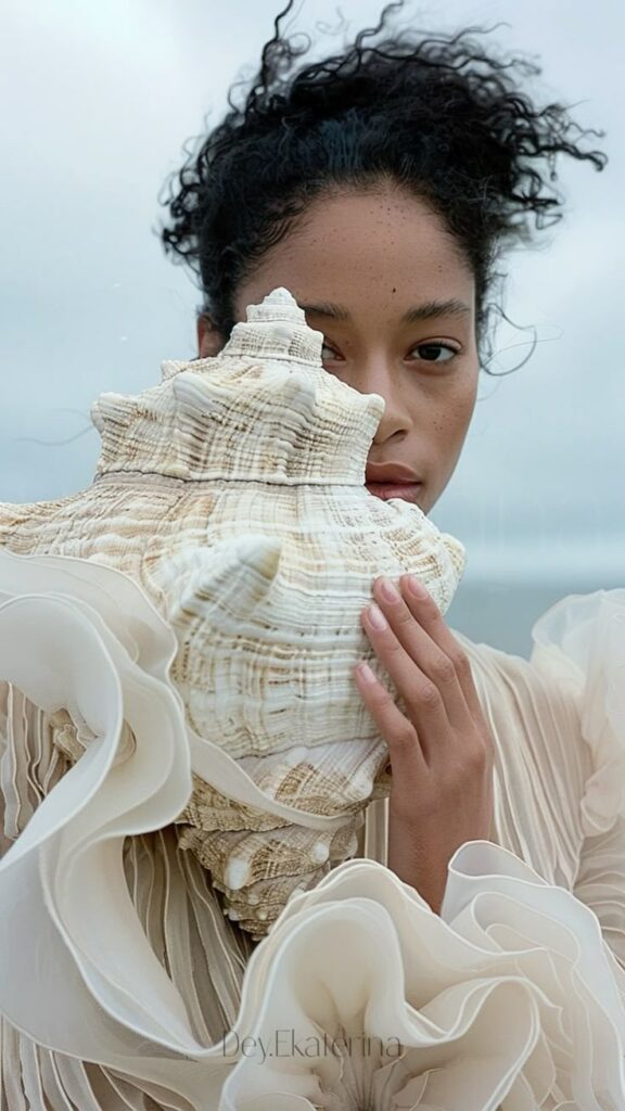 Woman in elegant dress holding a large seashell to her face, with a windy ocean background.