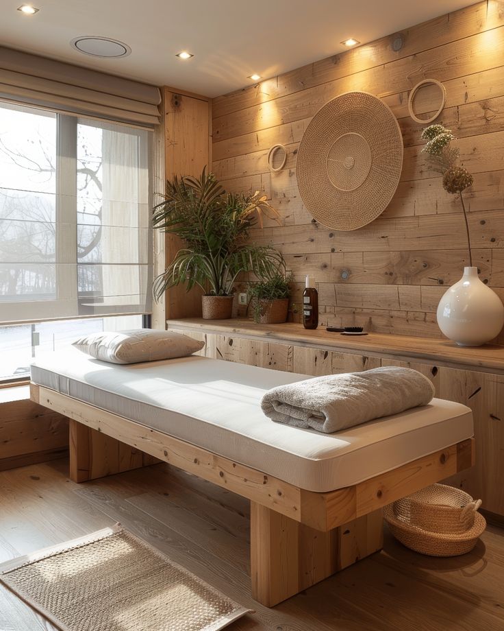 Modern spa room with wooden decor, massage table, potted plants, and cozy lighting for relaxation and wellness.