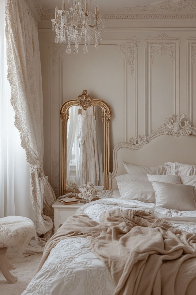 Elegant vintage bedroom with ornate mirror, chandelier, and soft neutral tones. Cozy bedding creates a serene ambiance.