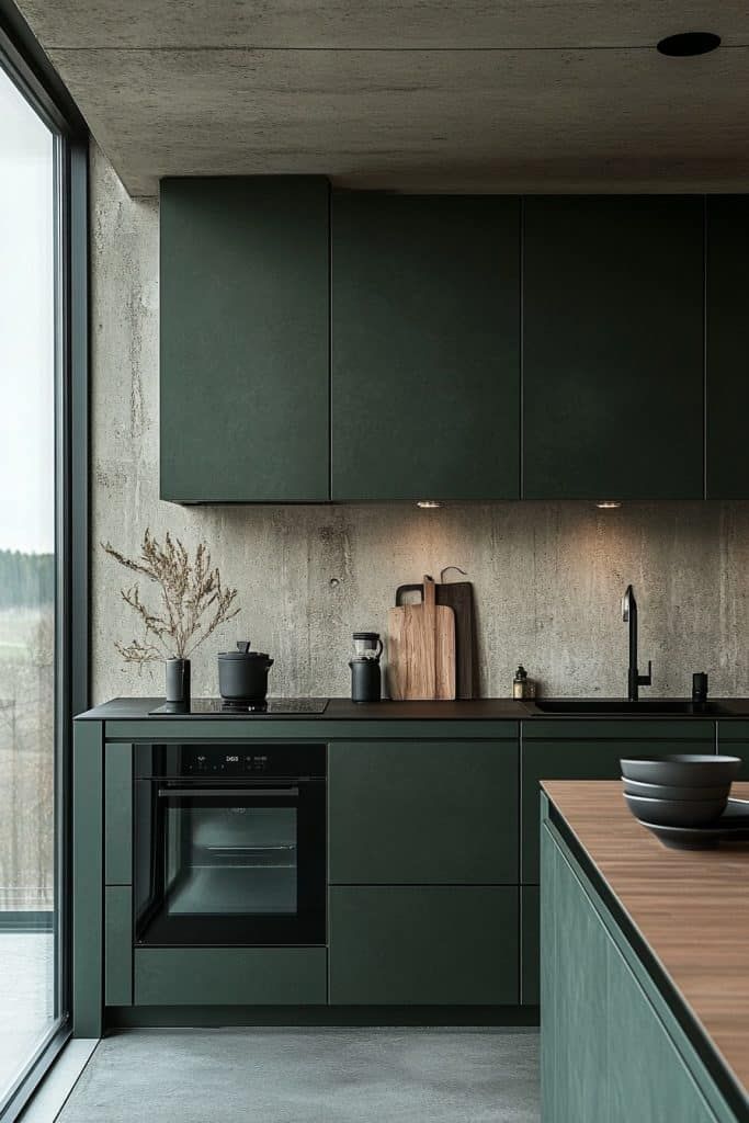 Modern kitchen with dark green cabinets, sleek appliances, and minimalist decor.