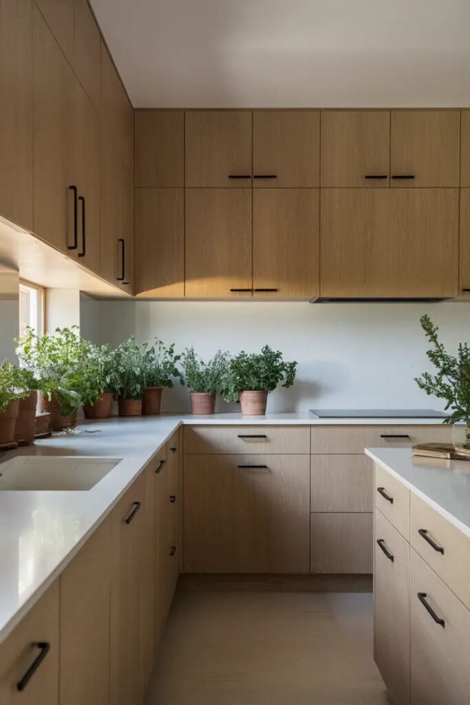 Modern kitchen with wooden cabinets, white countertops, and potted plants for a fresh and stylish look.