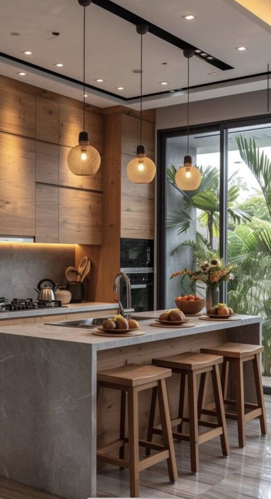 Modern kitchen with island, pendant lighting, and wooden accents, featuring stools and a view of lush greenery outside.