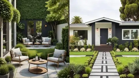 Best Landscaping Styles For Modern Houses Modern home with lush garden and outdoor seating area, featuring green landscaping and stylish patio furniture. | Sky Rye Design Modern home with lush garden and outdoor seating area, featuring green landscaping and stylish patio furniture.