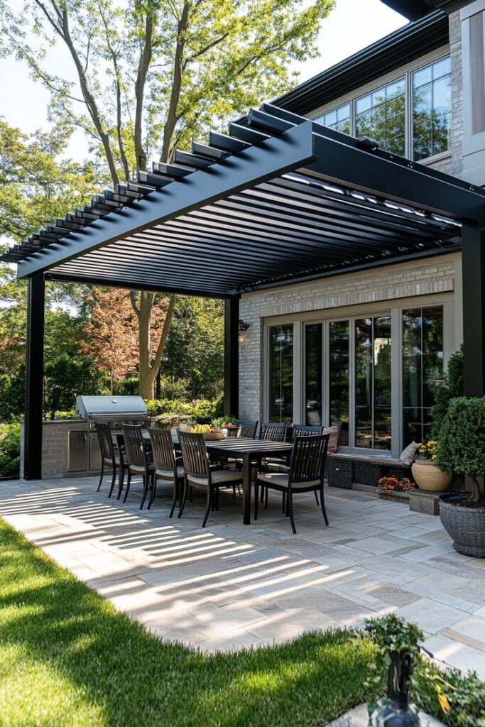 Modern outdoor patio with pergola, dining set, and garden view, perfect for gatherings and relaxation.