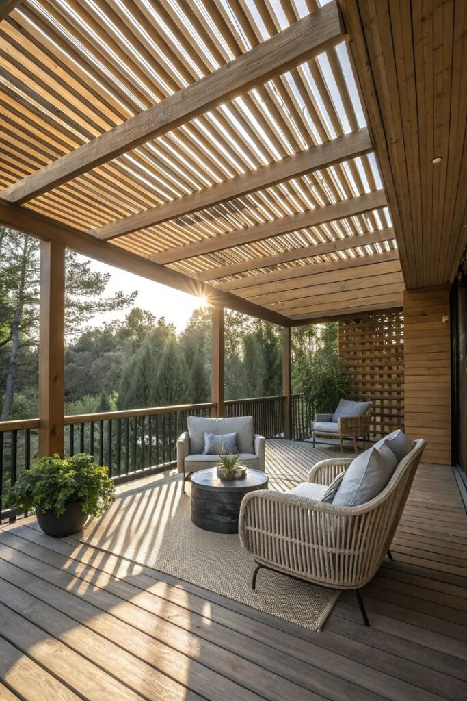 Modern outdoor patio with wooden pergola, cozy seating, and lush greenery at sunset.