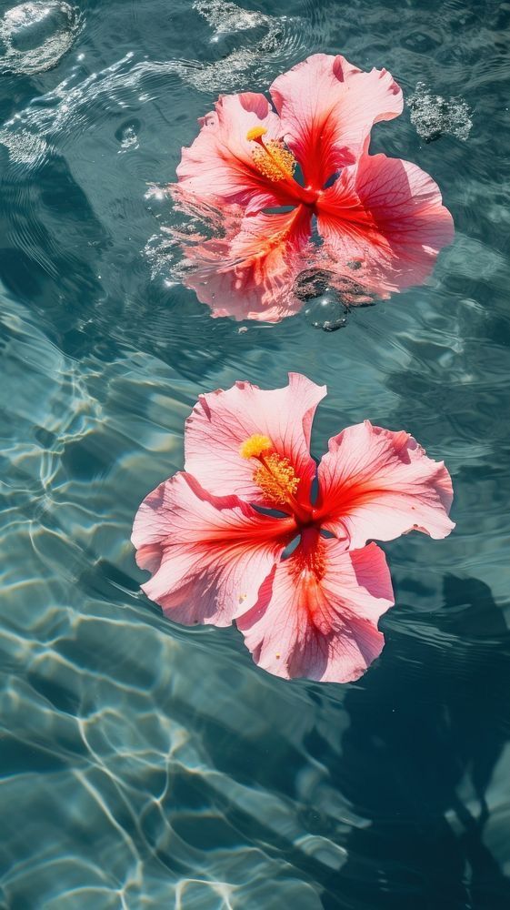 Pink hibiscus flowers floating on clear blue water with sunlight reflections.