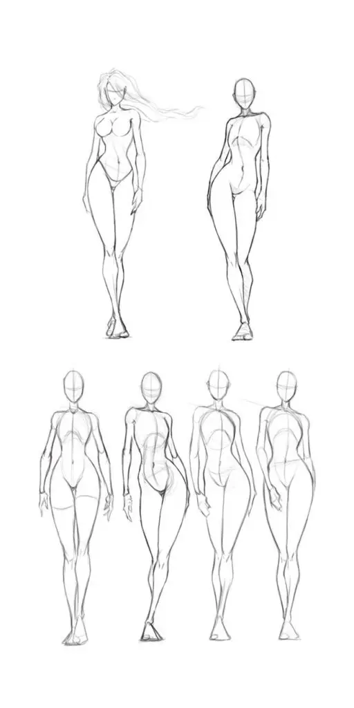 Sketch of female figures illustrating proportions and poses for art reference.