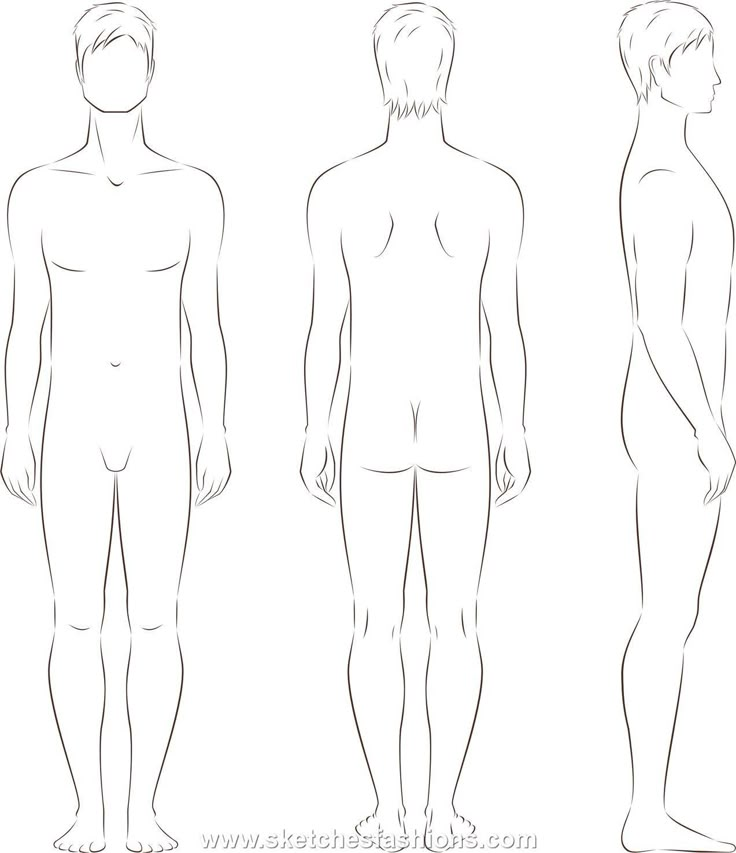 Male fashion sketch template showing front, back, and side views for clothing design.