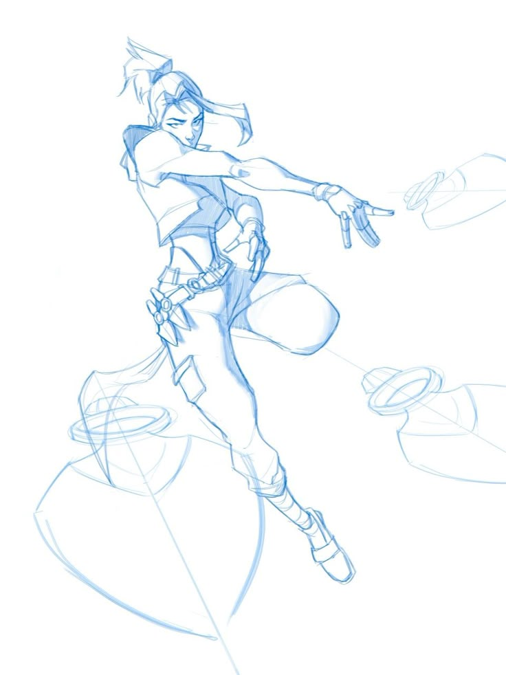 Dynamic sketch of female character in action pose, with futuristic outfit and gadgets, showcasing movement and energy.