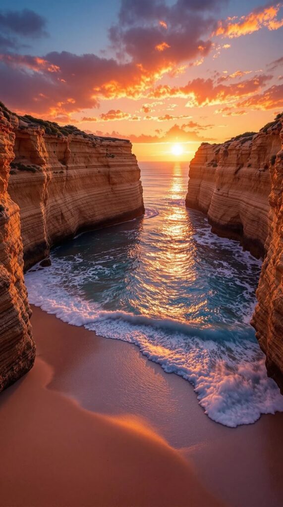 Sunset over serene beach between cliffs, waves gently lapping the shore under vibrant sky. Tranquil coastal scene.