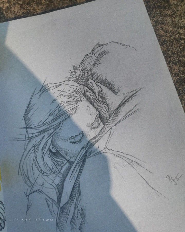 Pencil sketch of a romantic embrace, depicting a couple sharing a tender moment.