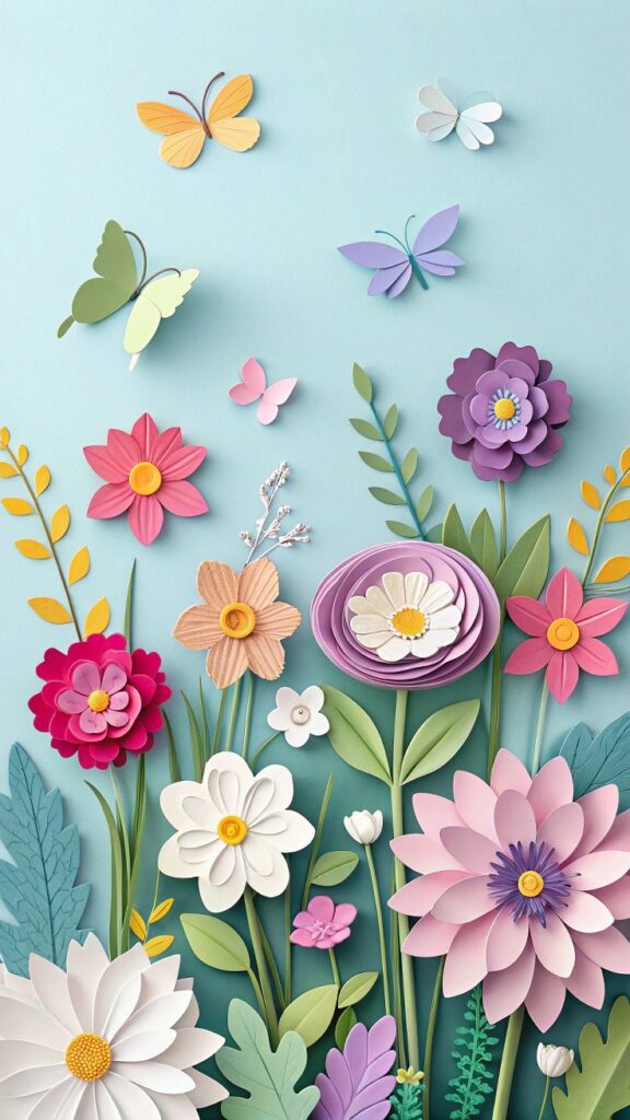 Colorful paper flowers and butterflies on a light blue background, showcasing creative and vibrant spring designs.