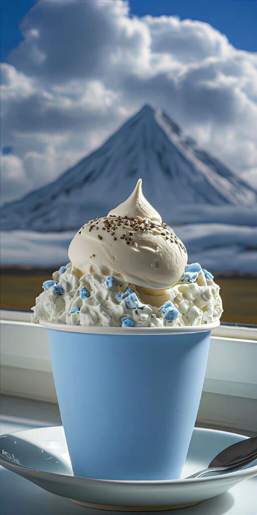 Frosty dessert in a blue cup with whipped cream topping, set against a majestic mountain backdrop.