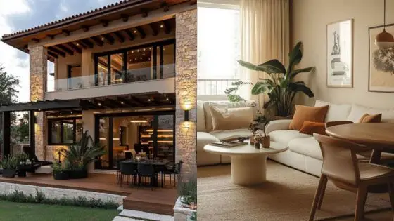 Cash Home Buyers Traditional Buyers Modern luxury home exterior and cozy interior living room with plants and neutral decor. | Sky Rye Design Modern luxury home exterior and cozy interior living room with plants and neutral decor.