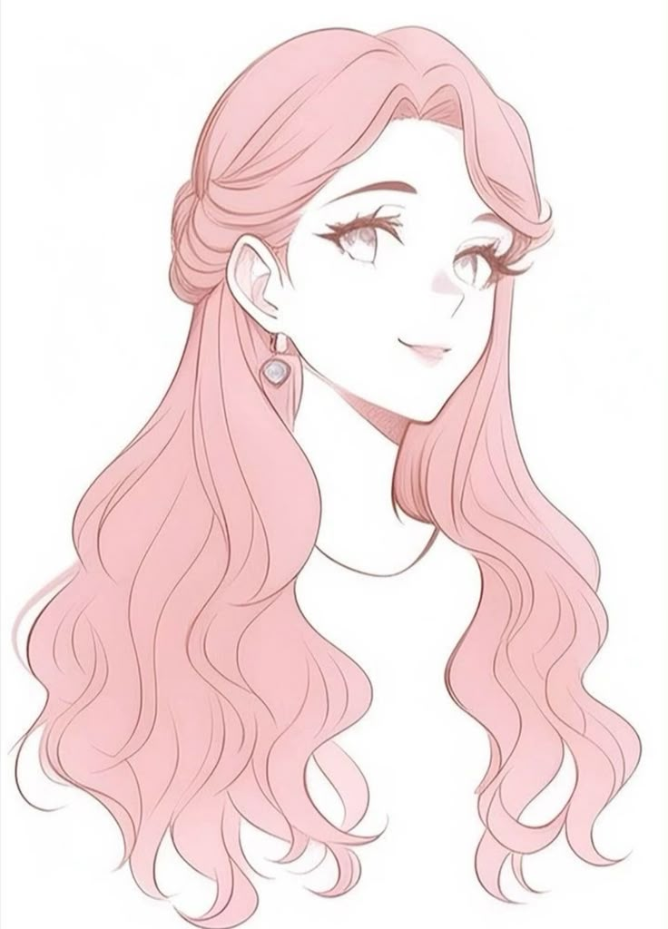 Illustration of a woman with flowing pink hair and a soft smile, wearing elegant earrings.